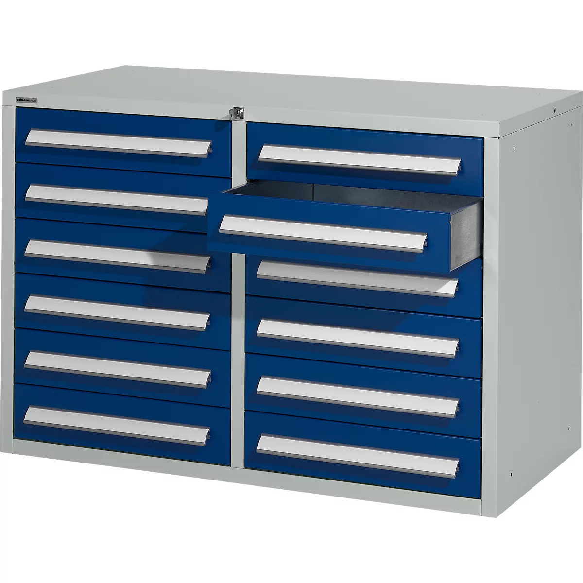 Blue-gray tool cabinet with 14 drawers; one is open.