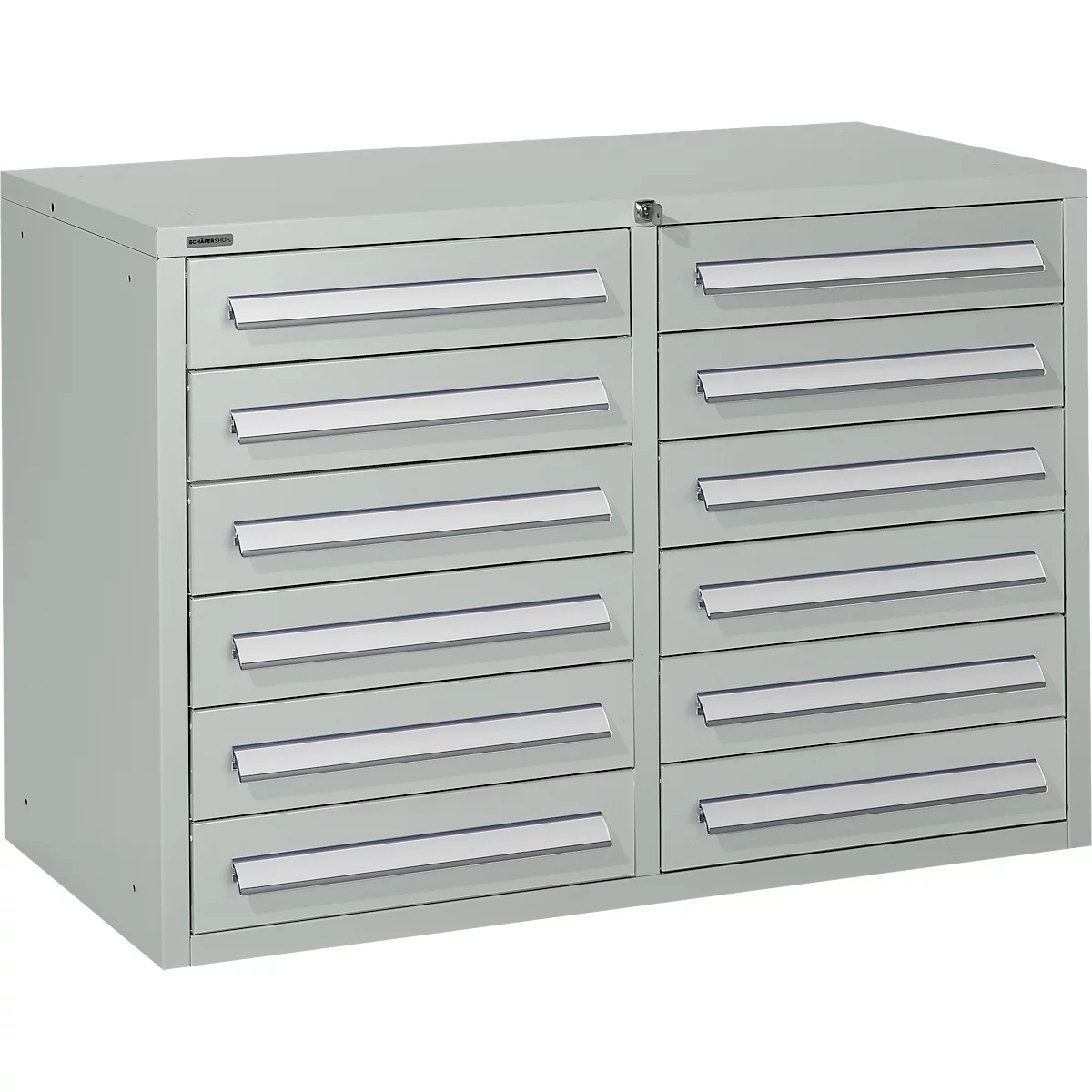 Grey tool cabinet with drawers, handles and lock.