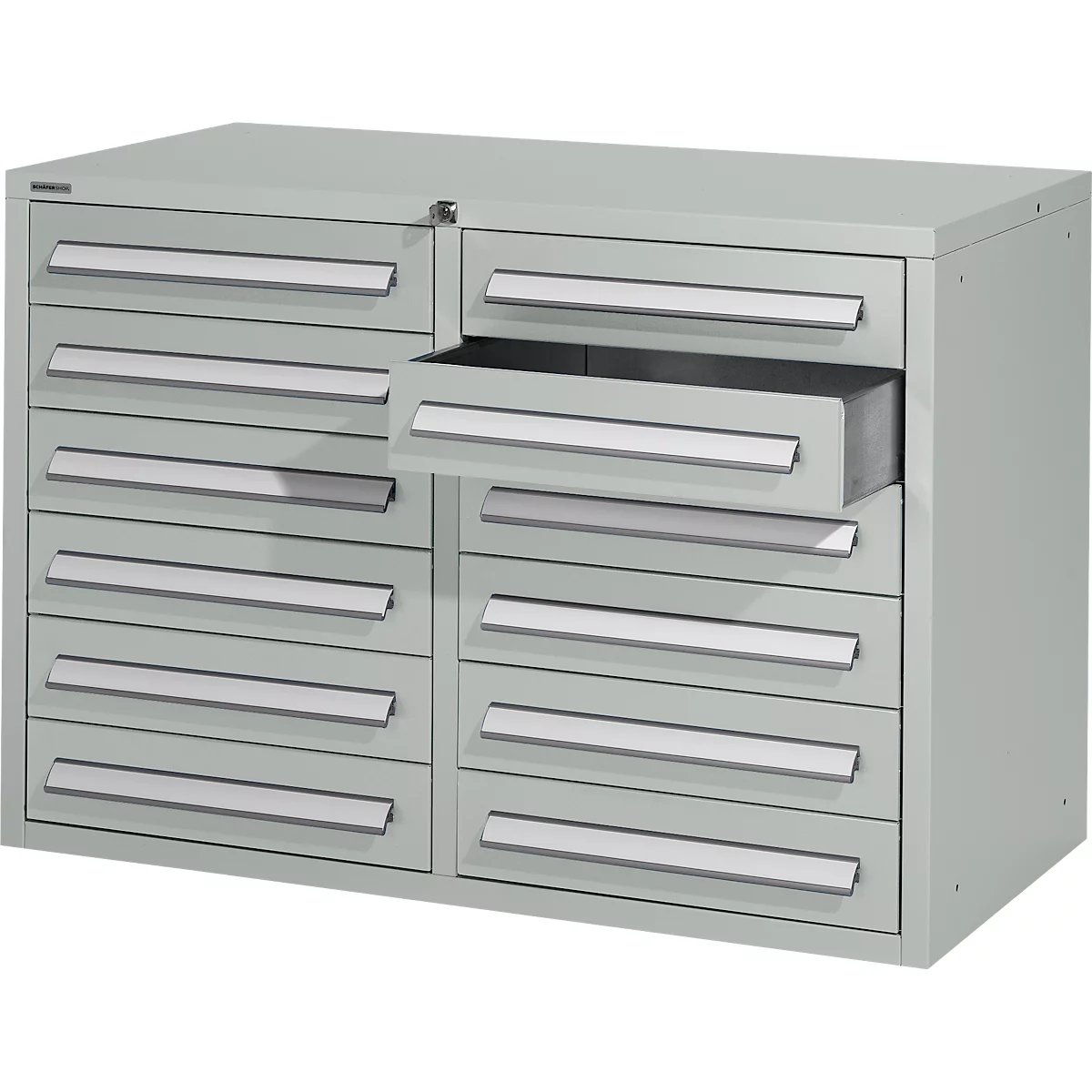 Grey tool cabinet with open drawer. The cabinet has multiple drawers with silver handles.
