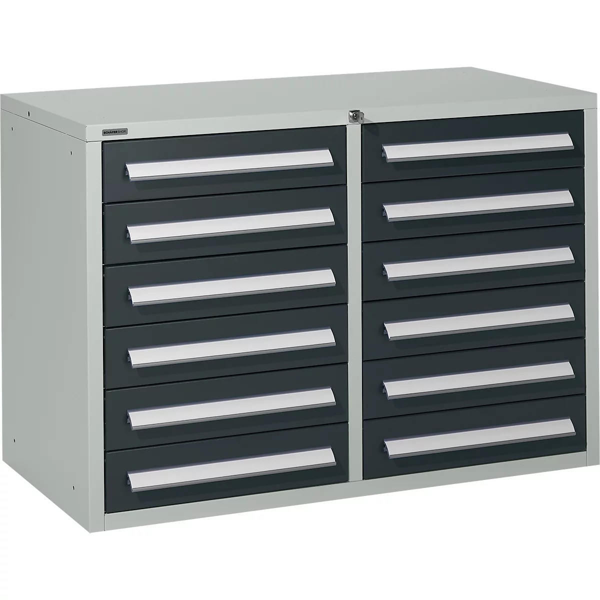 Gray tool cabinet with 12 drawers. The drawers are dark gray with silver handles.
