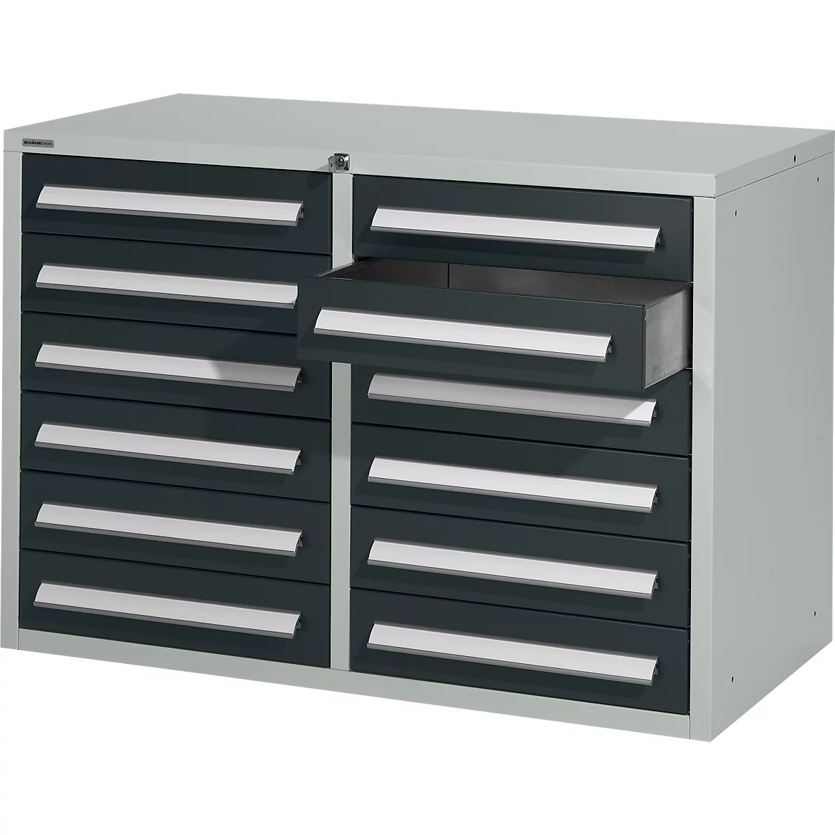 Grey tool cabinet with open drawer, grey drawer fronts, silver handles.