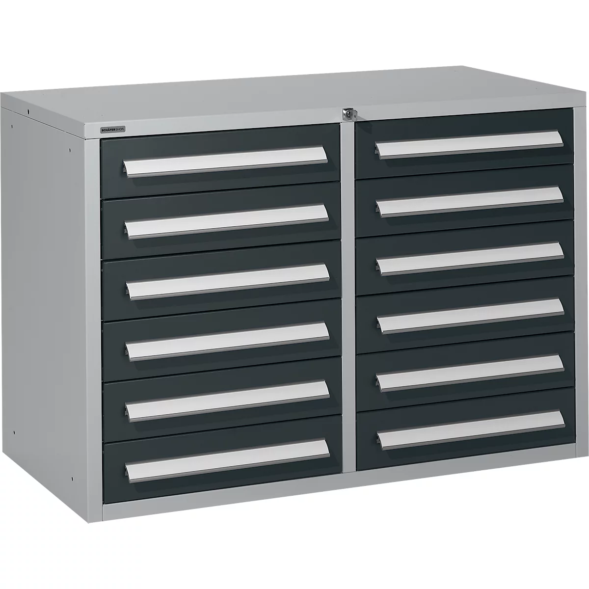 Grey tool cabinet with two columns of drawers, dark drawers with light handles.