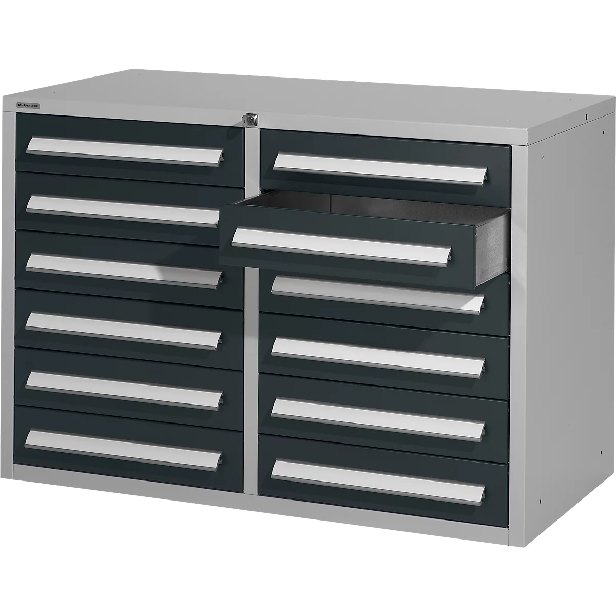 Tool cabinet with drawers, one open. Dark drawers, silver handles, light grey cabinet.