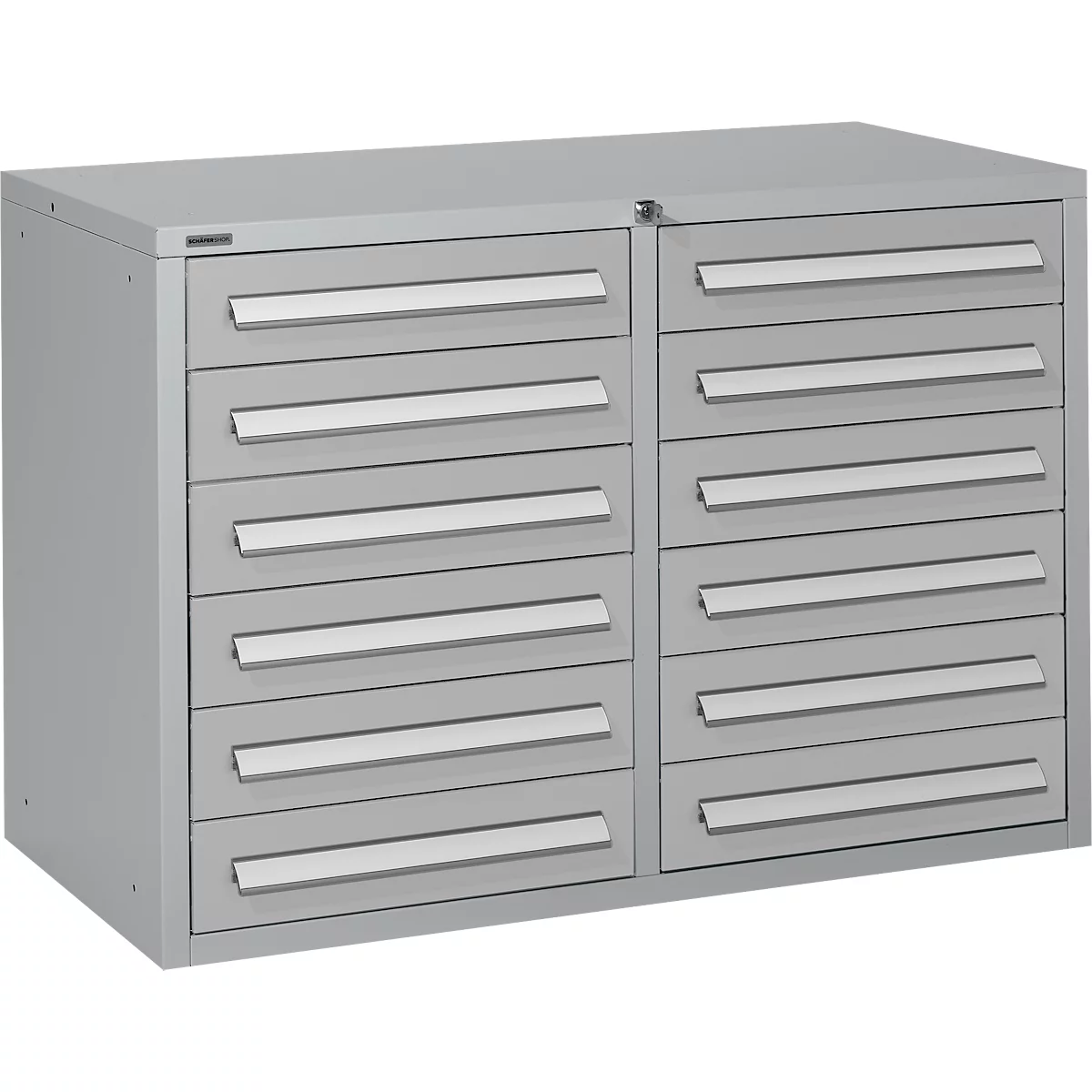 Grey tool cabinet with two columns of six drawers.