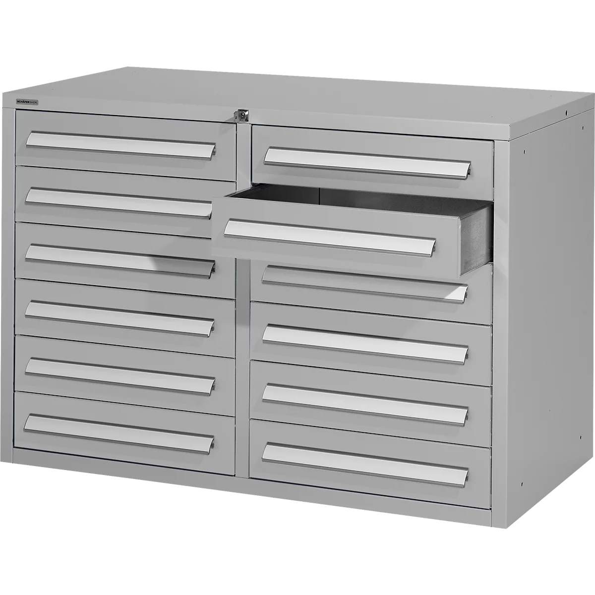 Grey tool cabinet with an open drawer. Silver handles, rectangular shape.