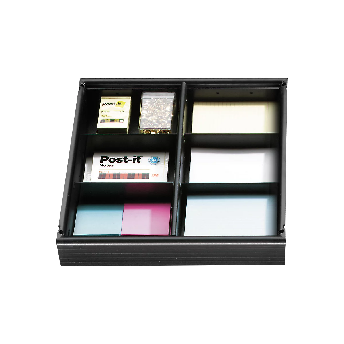 Black drawer with compartments. Contains Post-it notes, notes, notepads, and a bag of small stones.