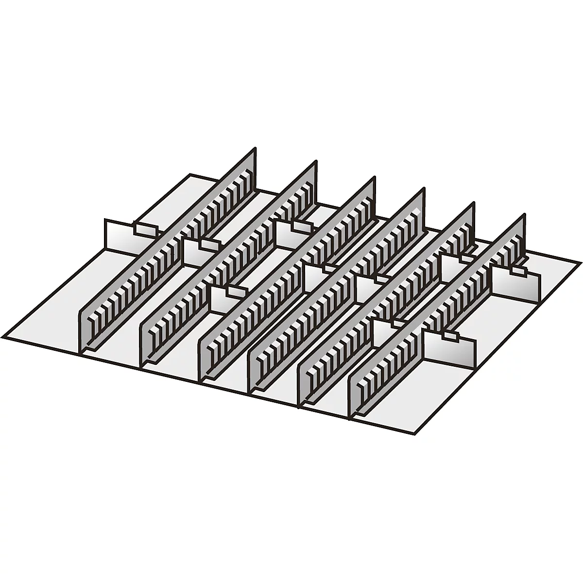 Graue, gerasterte Metallkonstruktion mit vertikalen und horizontalen Elementen, perspektivische Ansicht.
