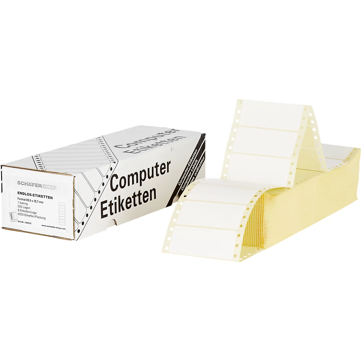 Weiße Etiketten auf gelbem Papier mit einer Box im Hintergrund, die mit dem Wort "Computer Etiketten" bedruckt ist.