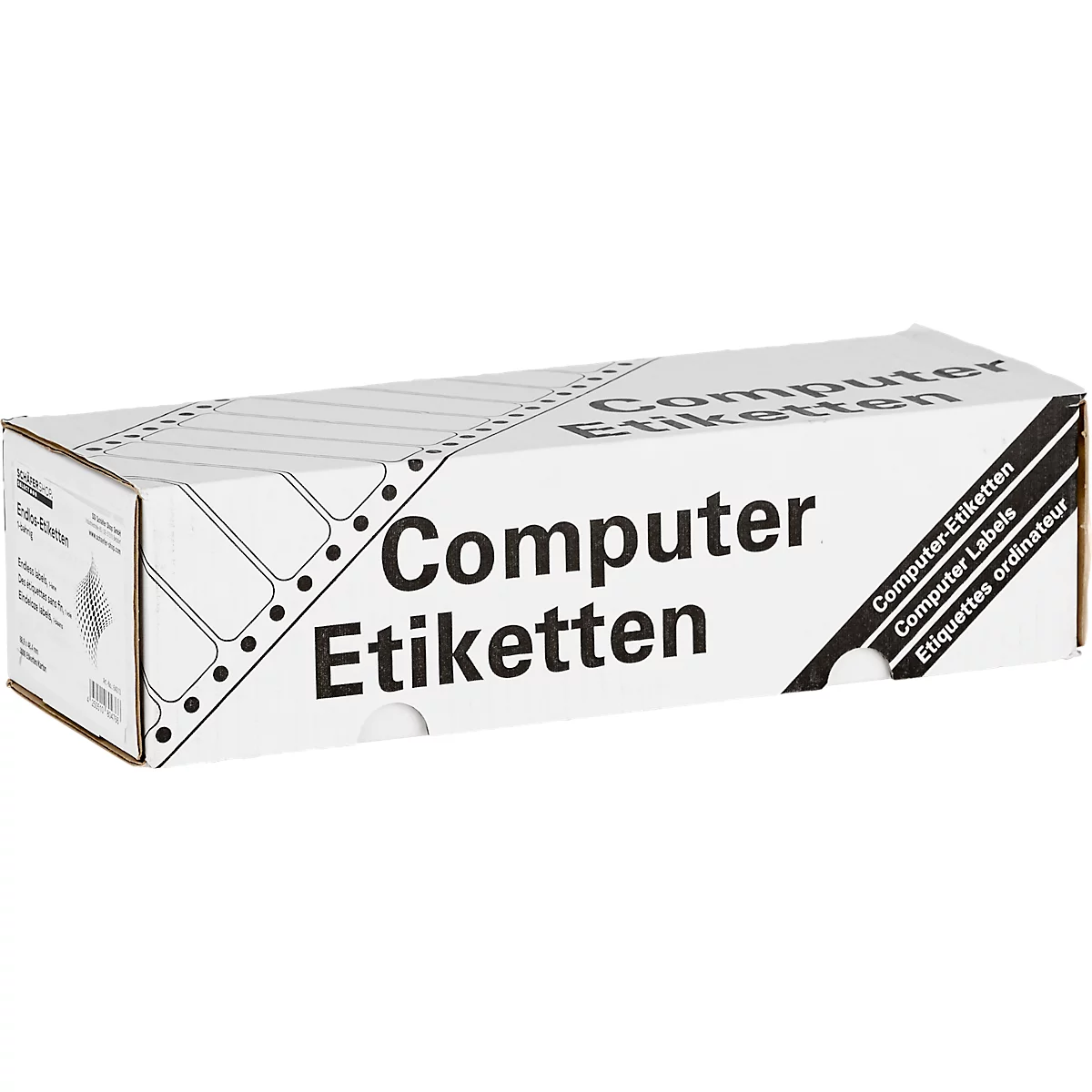 Eine rechteckige weiße Verpackung mit schwarzem Schriftzug „Computer Etiketten“. Aufgedruckt sind auch „Computer Labels“ und „Etiquettes ordinateur“.