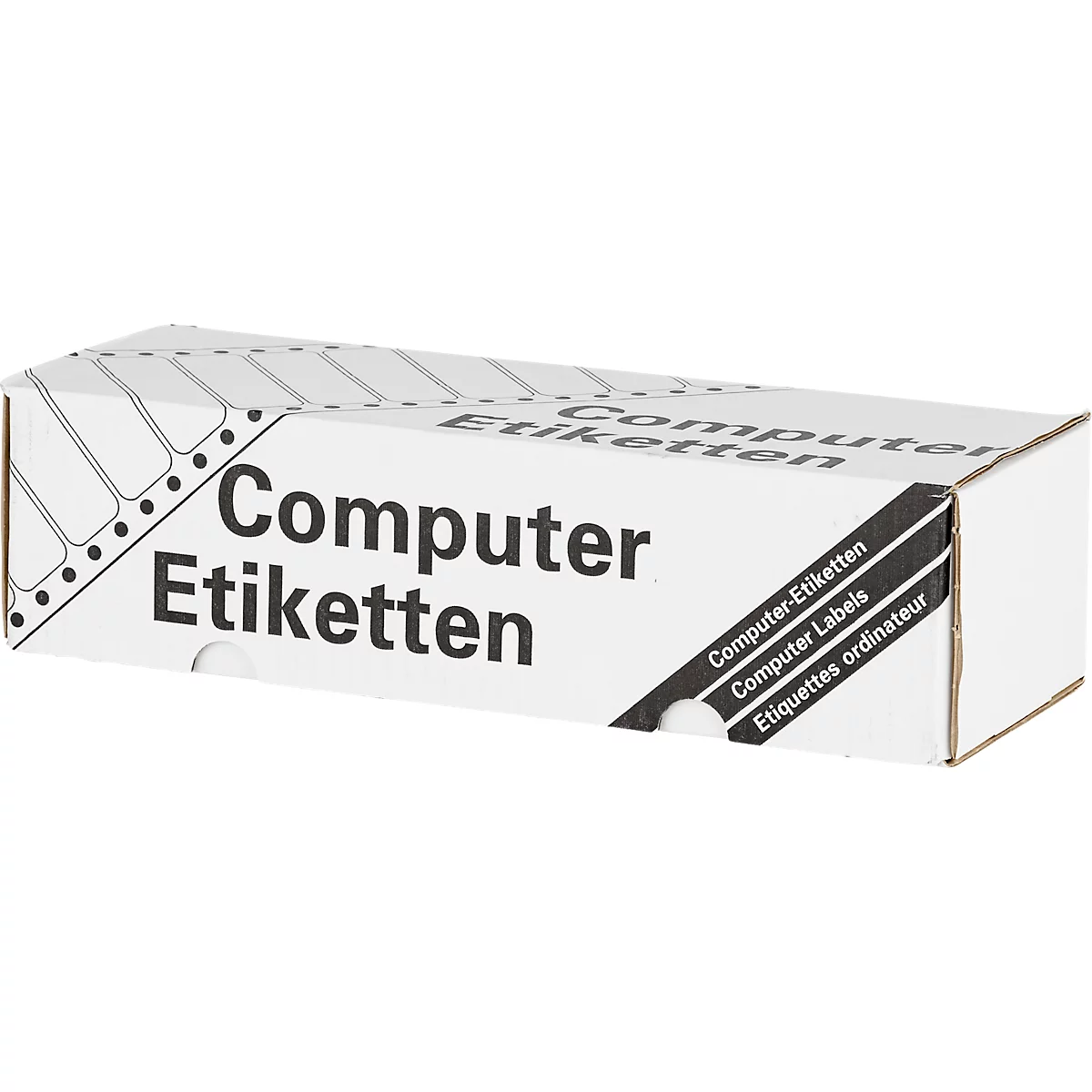 Weißer Karton mit Aufdruck: "Computer Etiketten". Schwarz-weißes Design, mehrere Sprachen.