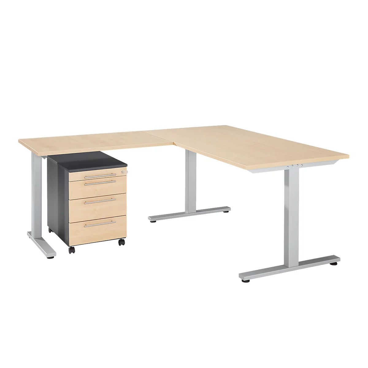 Schäfer Shop Select Ensemble de meubles de bureau 3 pièces Bureau Start Off, rectangulaire, pied en T, L 1800 x P 800 x H 735 mm, érable/graphite
