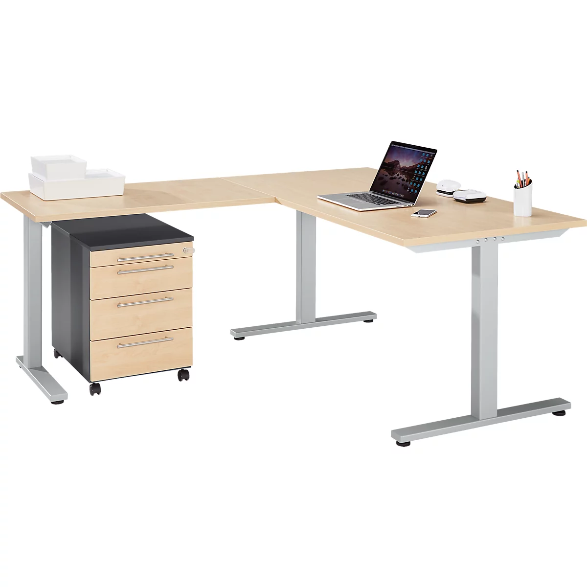 Schäfer Shop Select Ensemble de meubles de bureau 3 pièces Bureau Start Off, rectangulaire, pied en T, L 1800 x P 800 x H 735 mm, érable/graphite