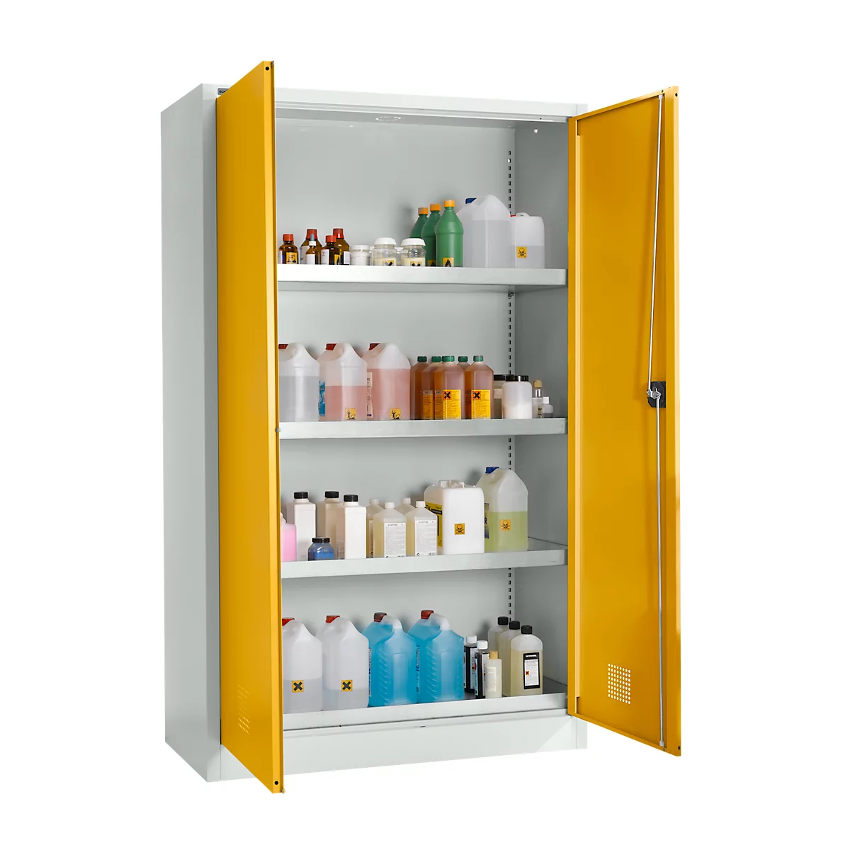 Yellow, open safety cabinet with chemical containers on shelves. The cabinet doors are yellow, the interior is gray.