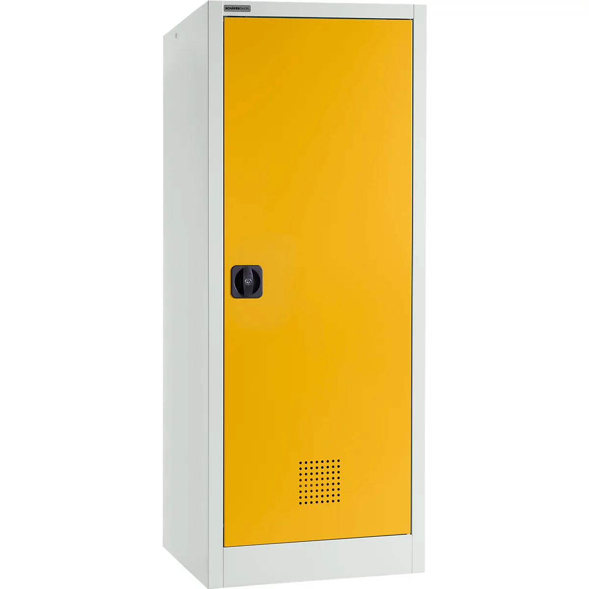 Yellow cabinet with a white frame. Black handle and a rectangular vent. Text at the top.