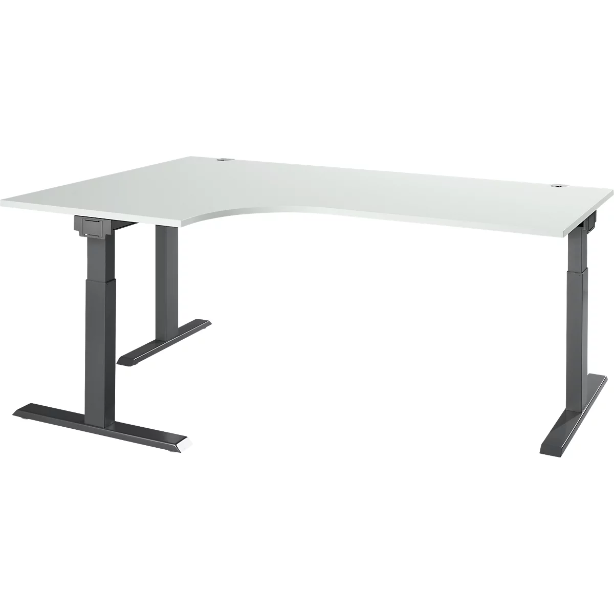 A corner desk, white with gray metal legs. The table top has a rounded corner.