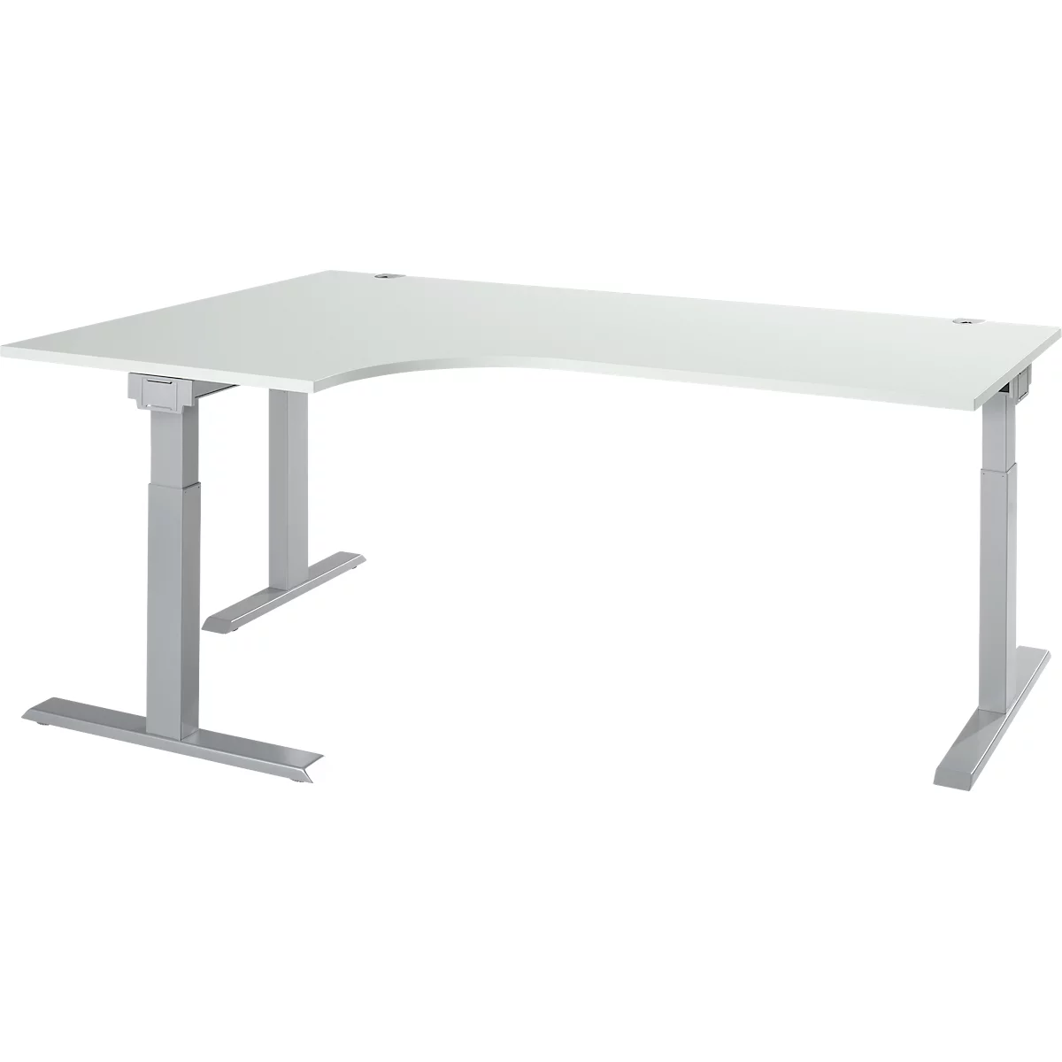 White corner desk, height adjustable, on white background.