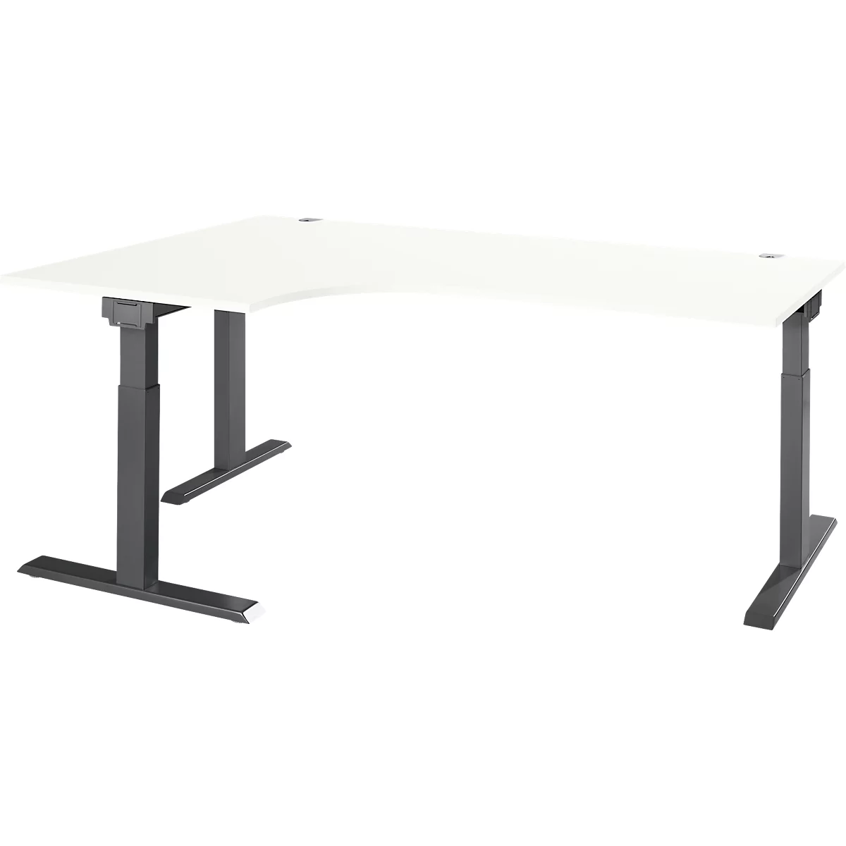 Corner desk with white tabletop and gray, height-adjustable frame.