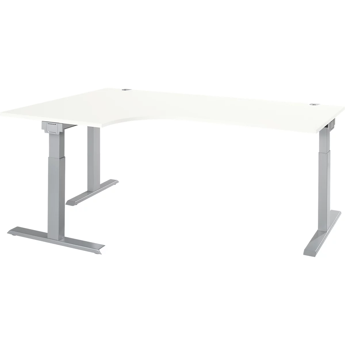 A white, angled desk with silver, height-adjustable legs. On a white background.