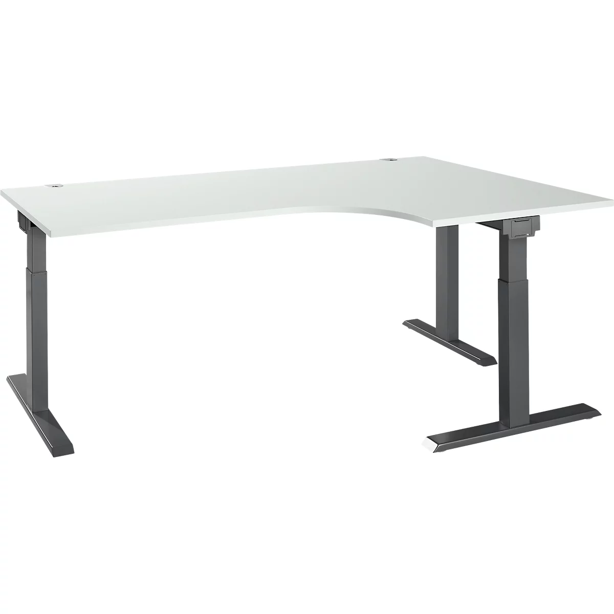 L-shaped desk with white tabletop and grey frame, in low position.