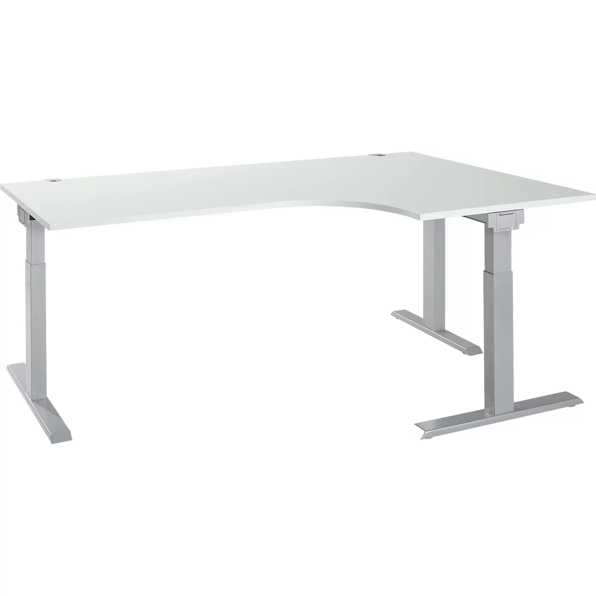 White L-shaped desk with height-adjustable silver legs. The desk has a rounded corner.