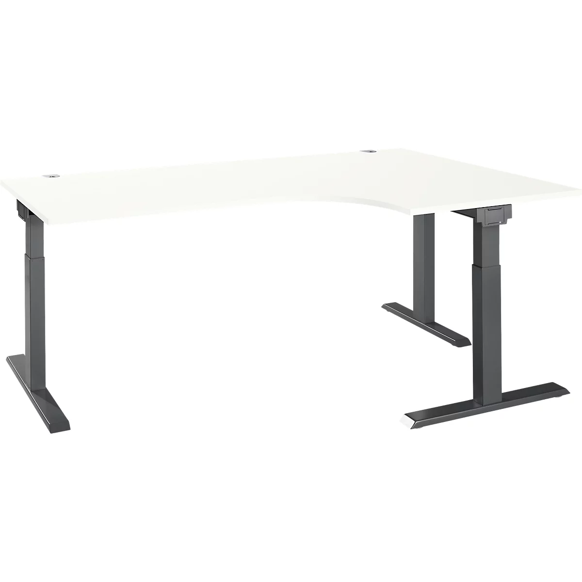 A white, L-shaped desk with adjustable legs. The desk stands against a white background.