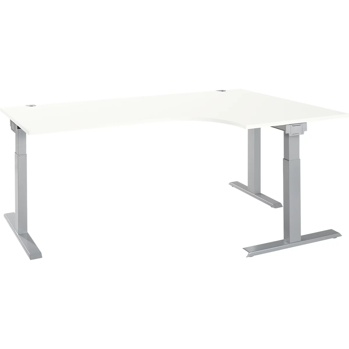 White, height-adjustable corner desk with a gray frame.