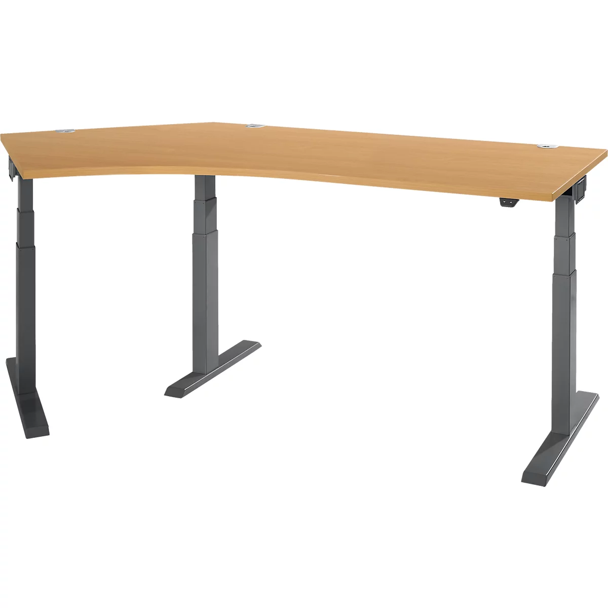 An L-shaped height-adjustable desk with a light brown tabletop and a gray frame.