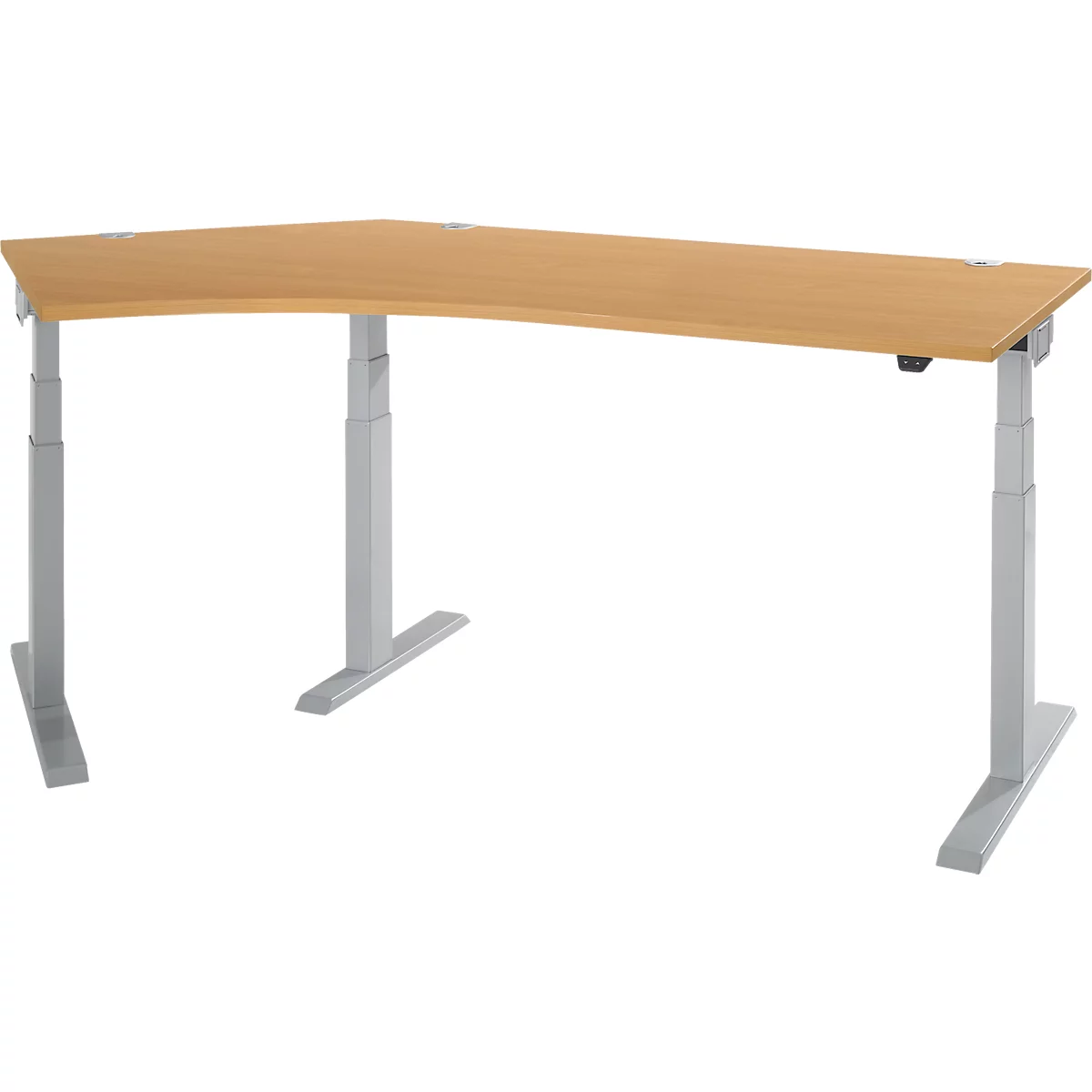 A light brown corner desk with silver height-adjustable legs. It stands against a white background.