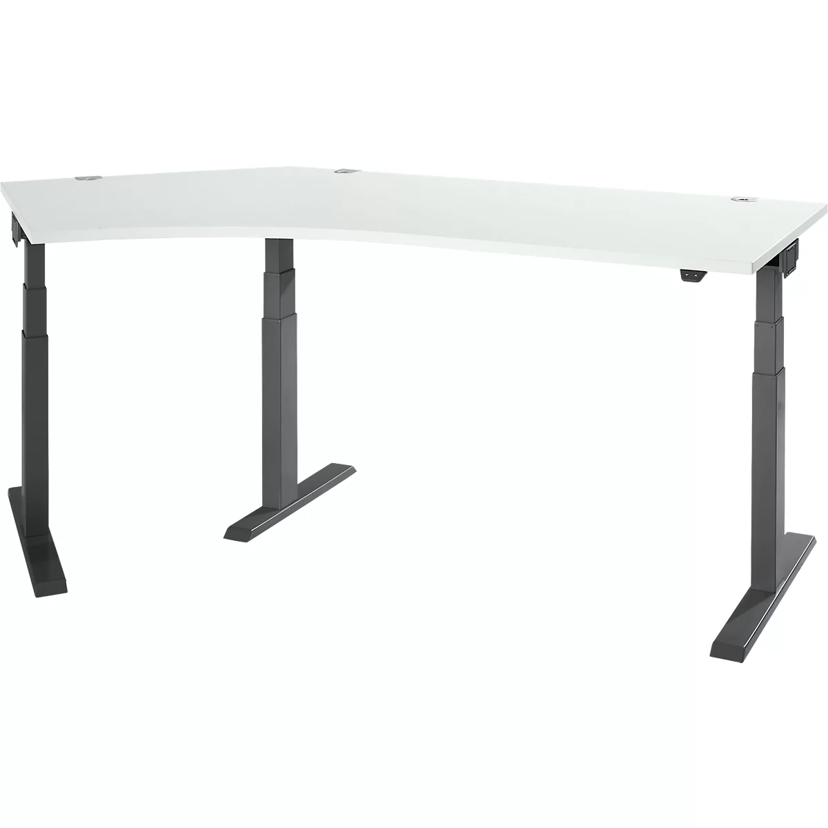 A white L-shaped height-adjustable desk with gray legs stands against a white background.