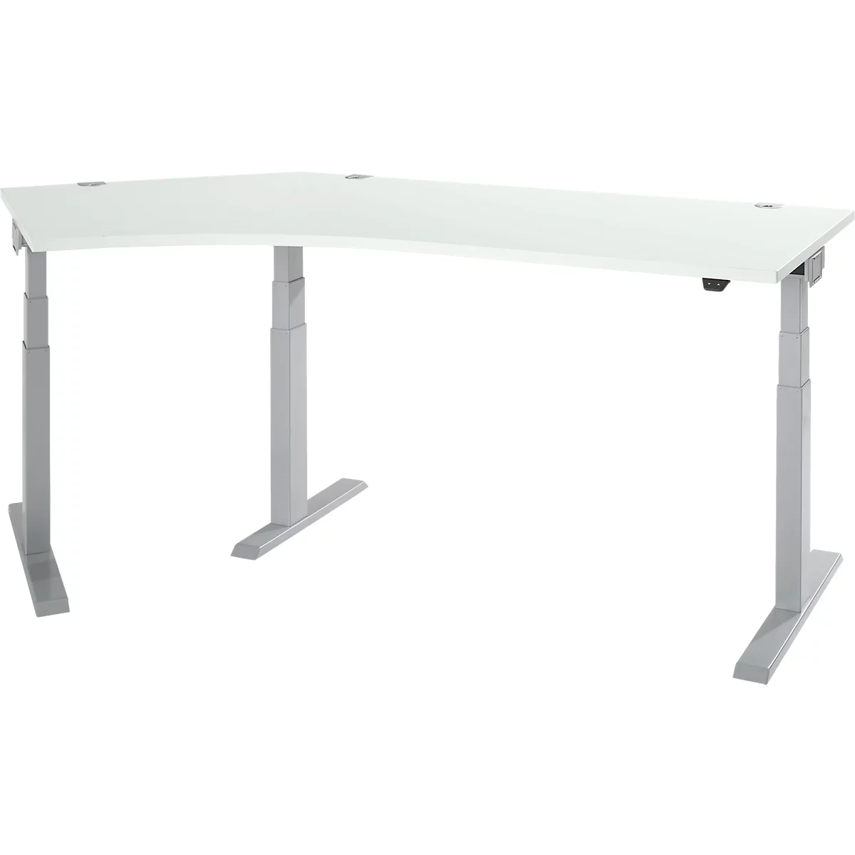 White corner desk with gray height-adjustable legs. The angled design provides more workspace.