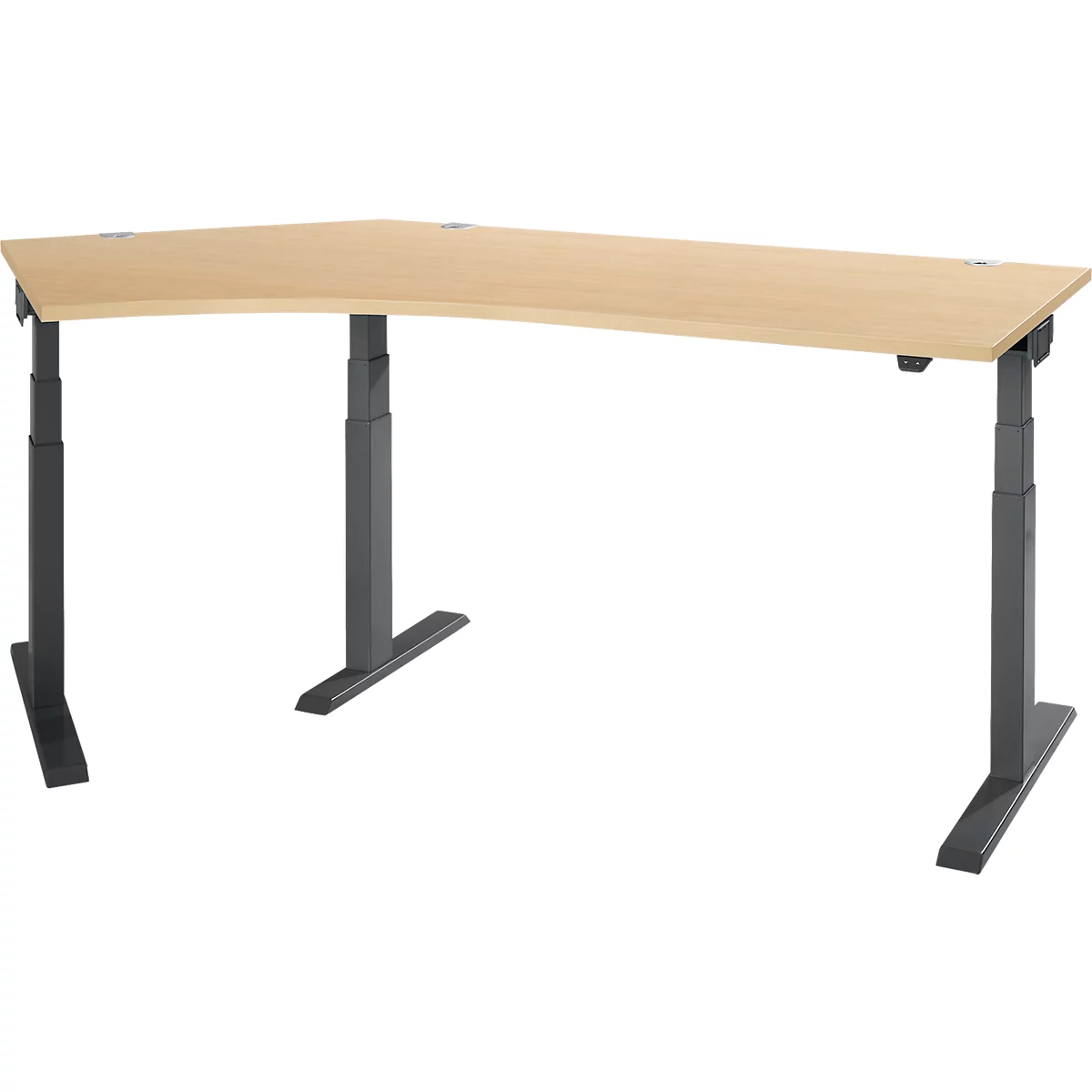 A corner desk with height-adjustable gray legs and a light brown tabletop. The desk is set against a white background.