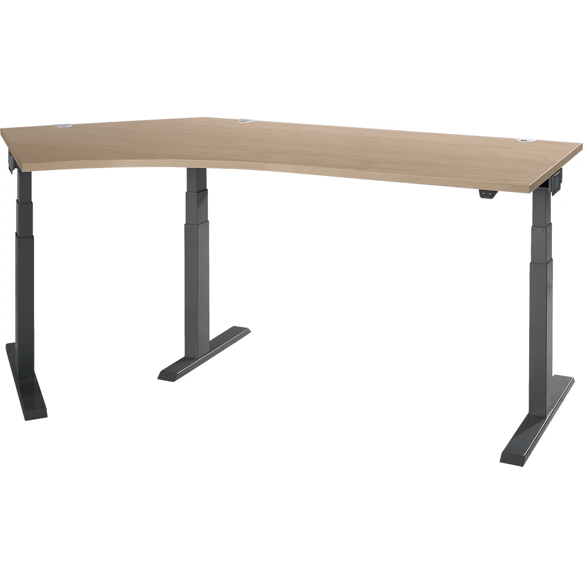 An ergonomic corner desk with height-adjustable feet. The table top is light, the legs are dark gray.