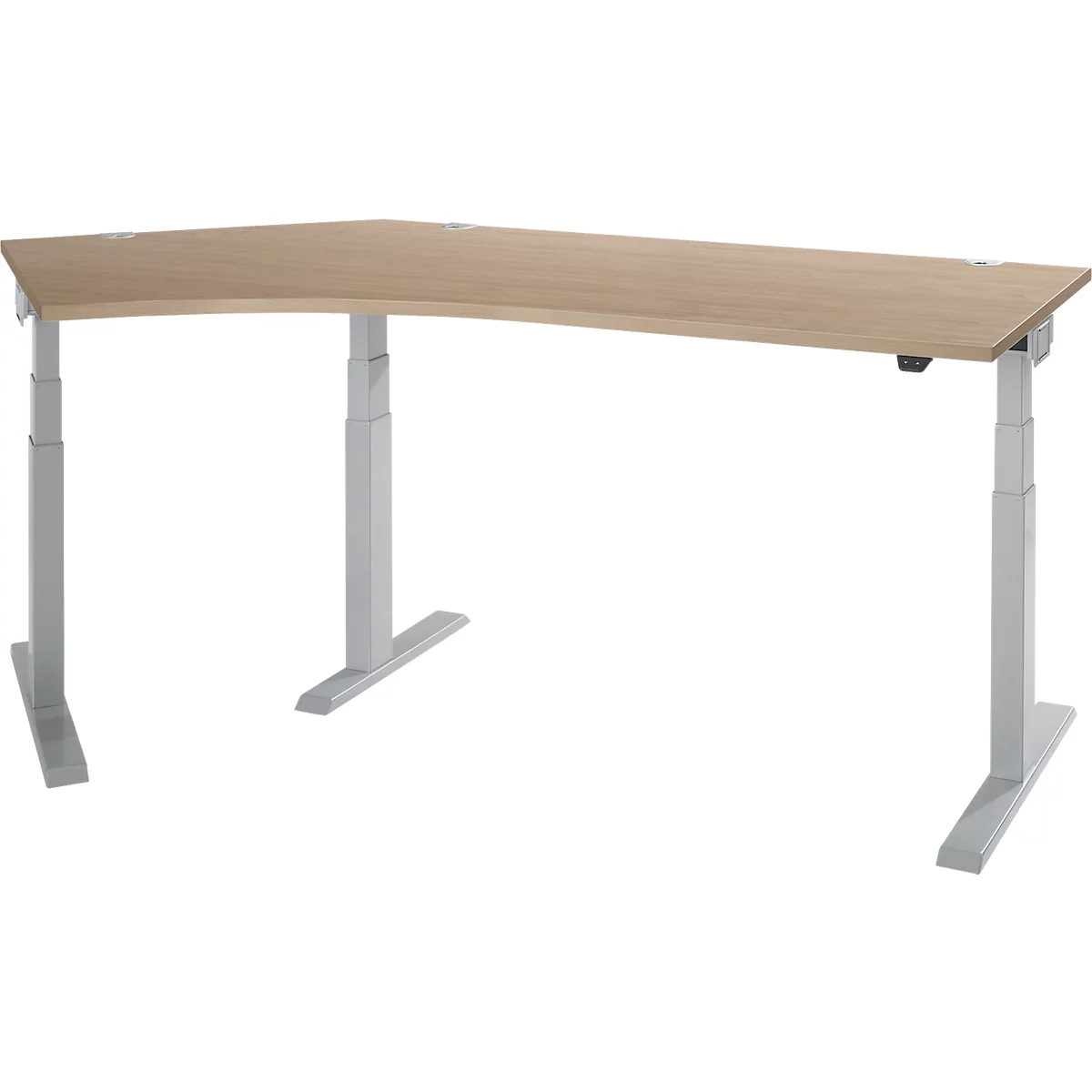 An adjustable corner desk made of light wood with gray legs, against a white background.