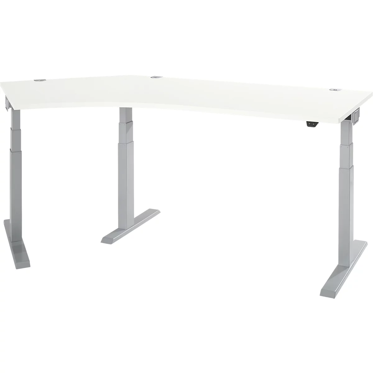 White height-adjustable desk with a rounded corner, grey legs, against a white background.