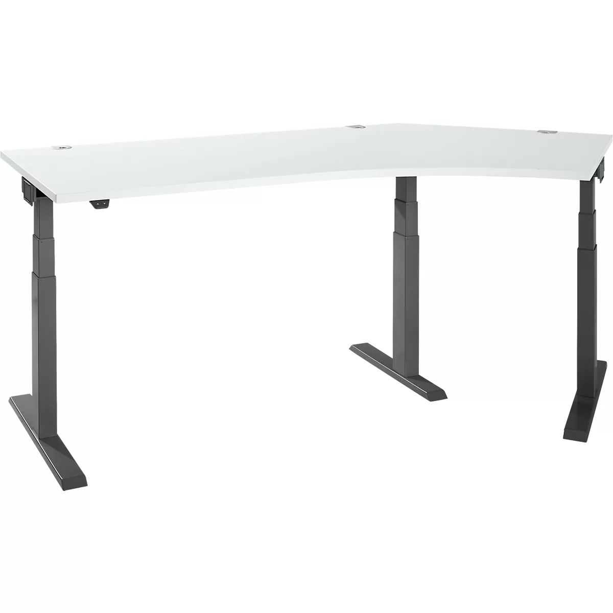 A white, curved corner desk with height-adjustable gray legs, against a white background.