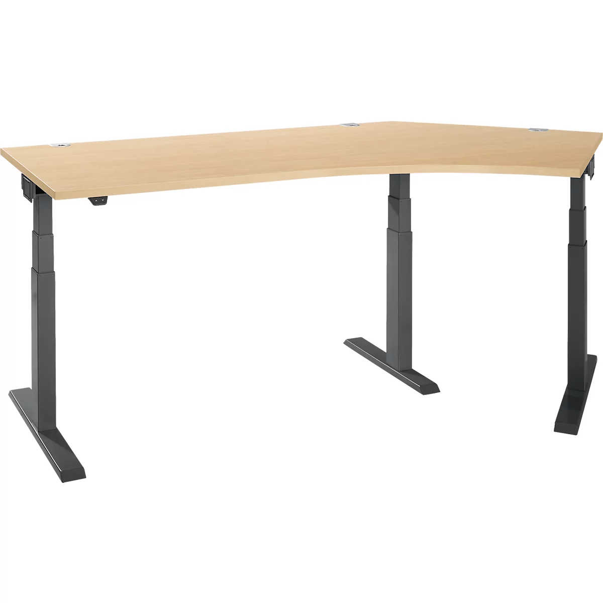 An L-shaped desk with a light brown tabletop and dark gray, height-adjustable legs.