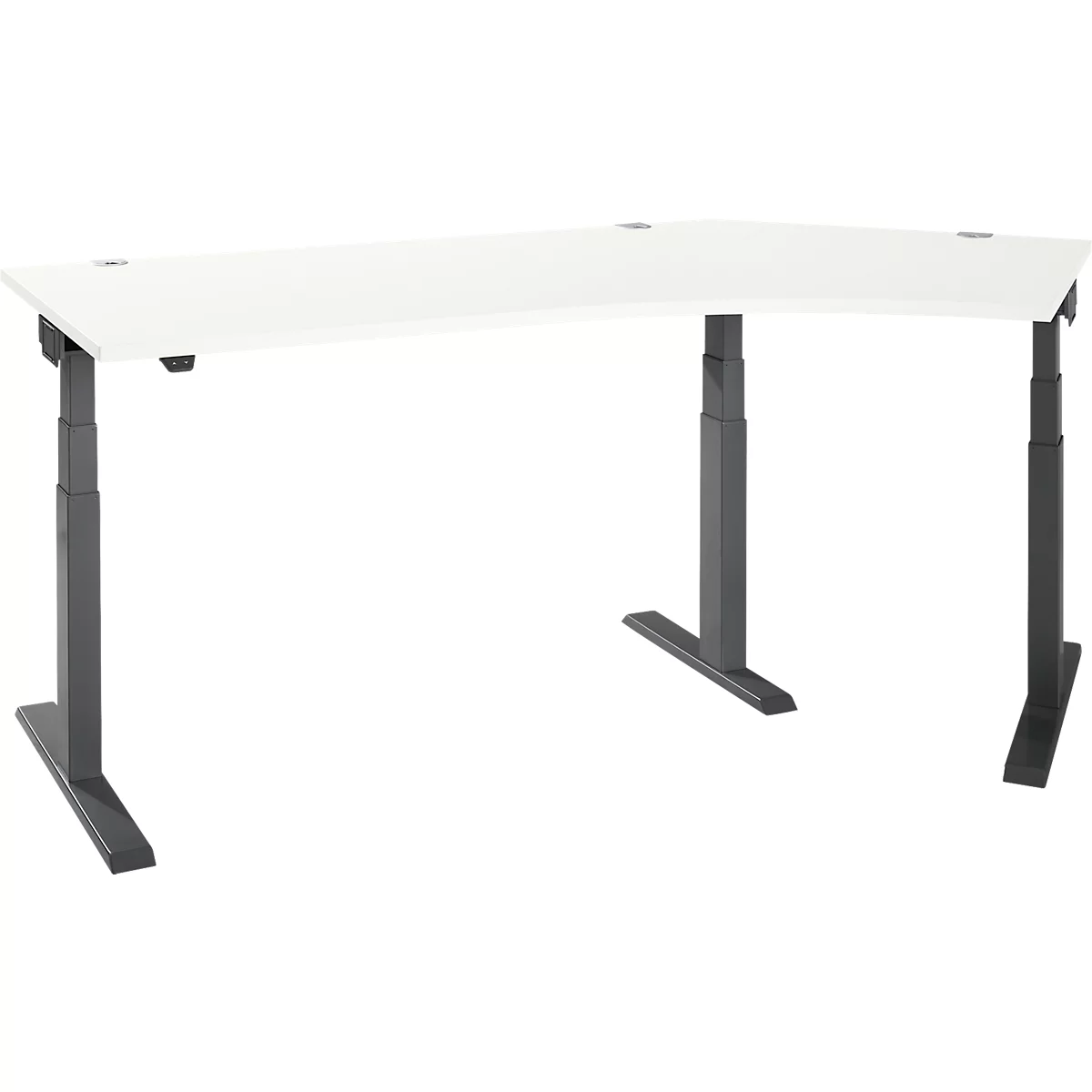 A white L-shaped desk with height-adjustable grey legs, against a white background.