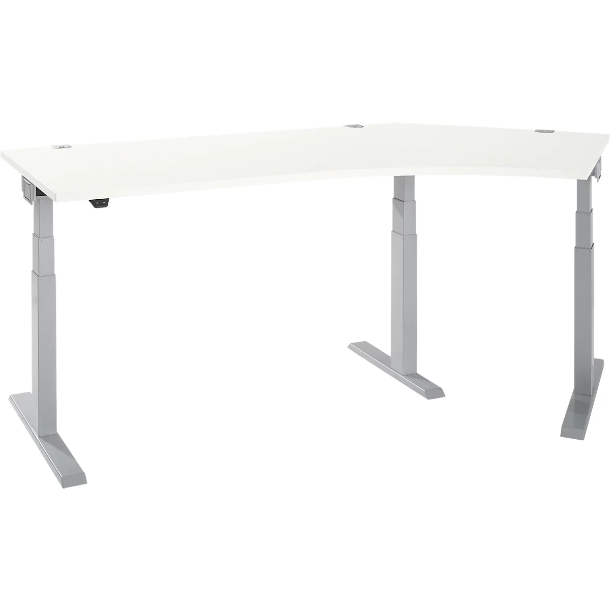 White corner desk with height-adjustable silver legs against a white background.