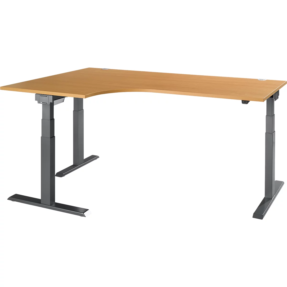 A corner desk with a light brown wooden top and gray, adjustable legs.