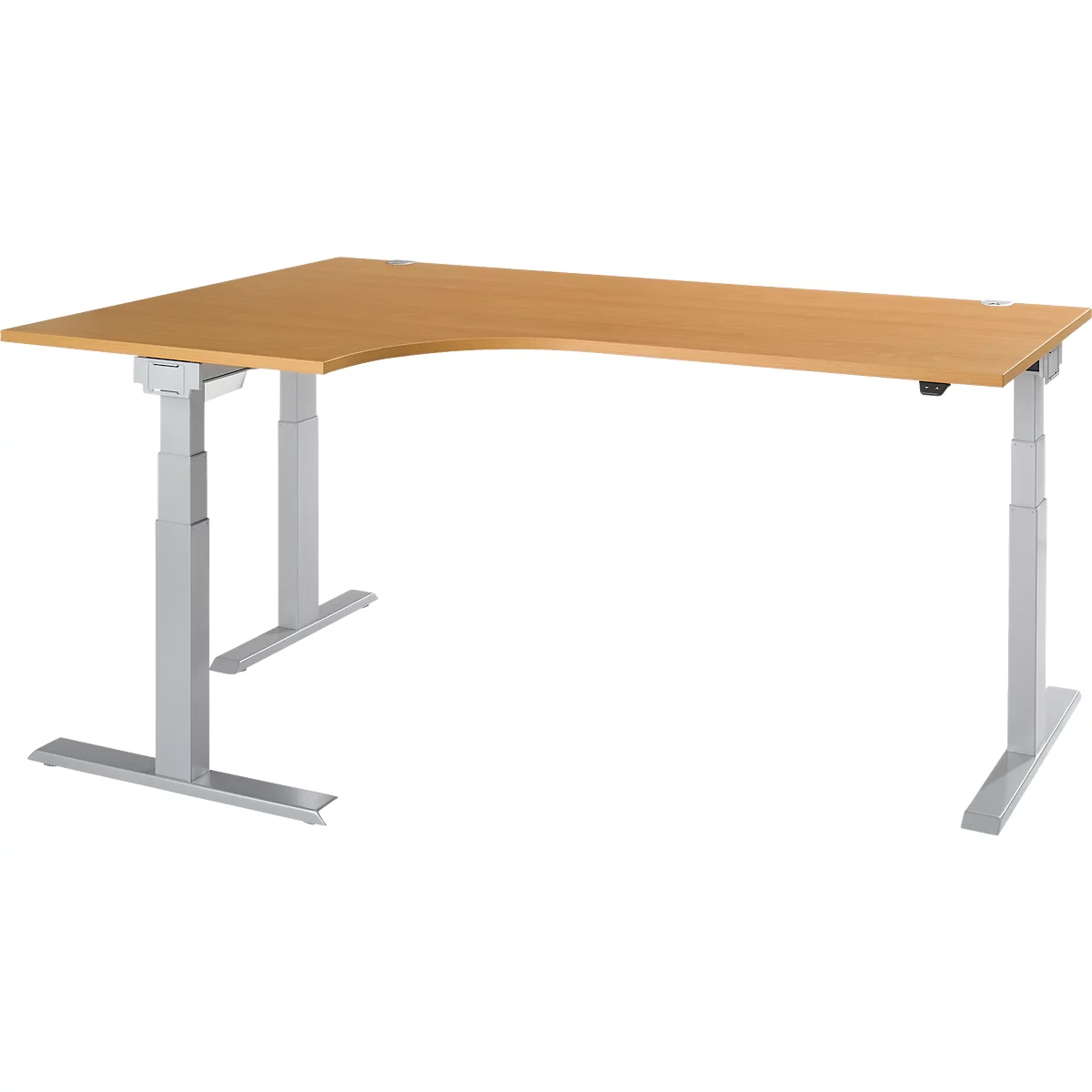 A corner desk with height-adjustable gray legs and a light brown tabletop.