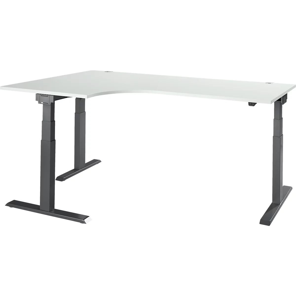 Corner desk with gray frame and white tabletop, ergonomic design.