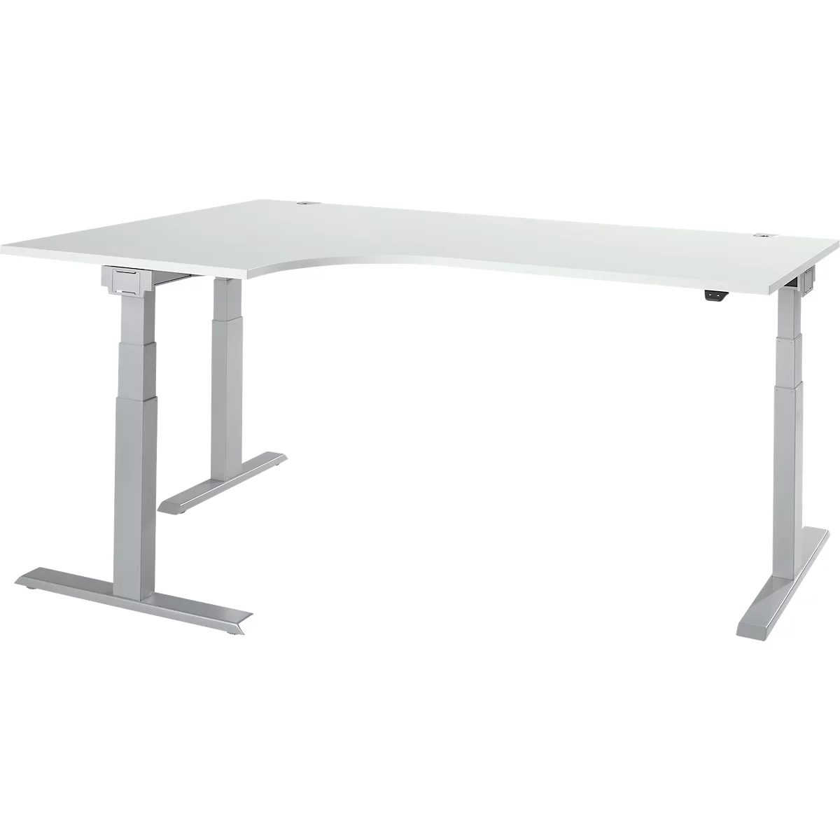 A white, corner desk with height-adjustable, silver-gray legs. The desk is placed against a white background.