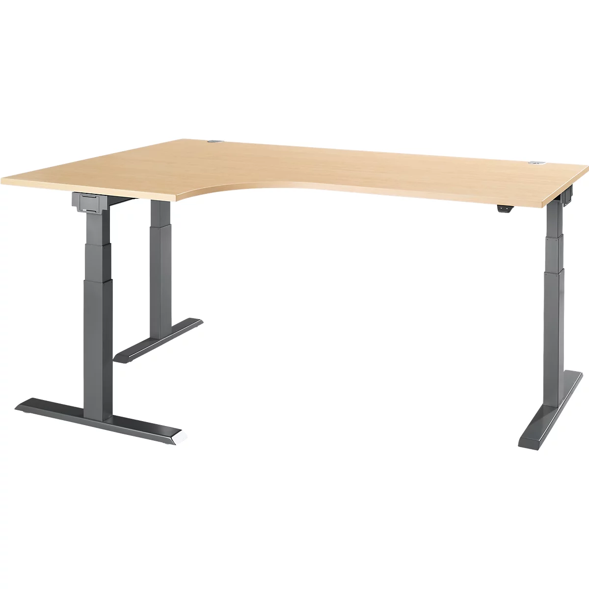 A beige corner desk with gray, height-adjustable legs. The tabletop has a wood grain.