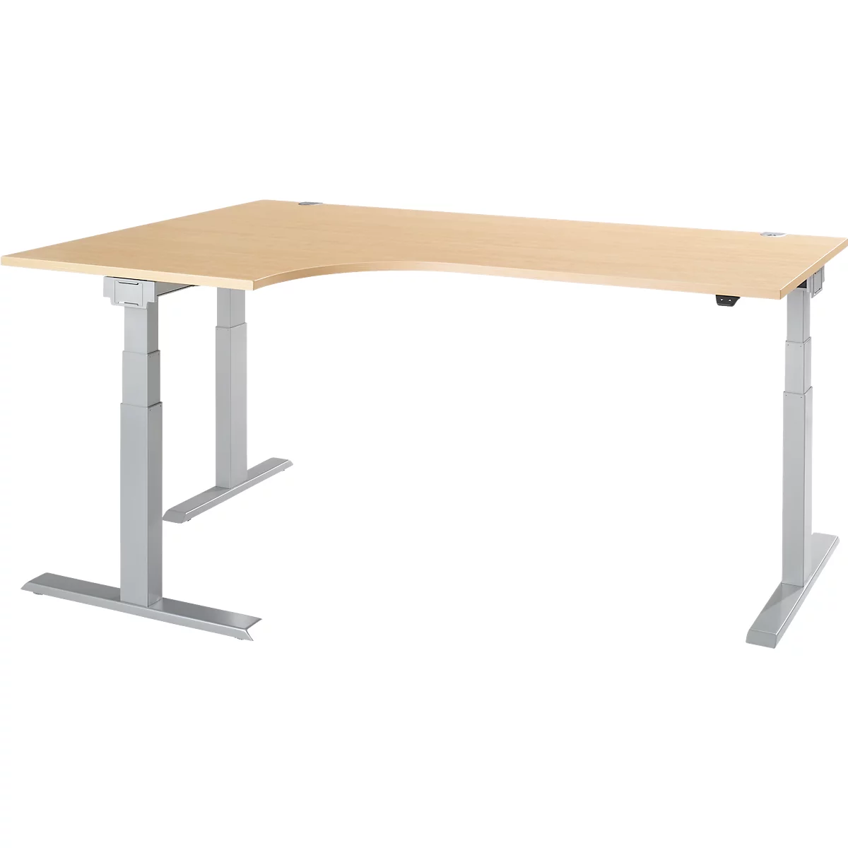 A light-colored corner desk with gray legs that are adjustable in height.