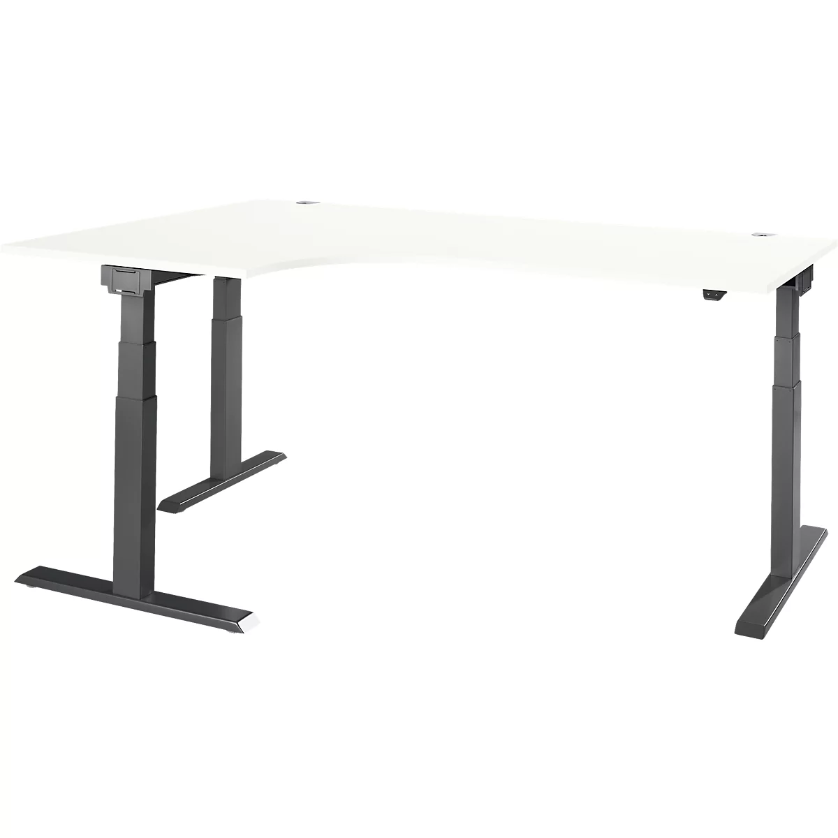 Corner desk with white tabletop and gray height-adjustable frame, against a white background.
