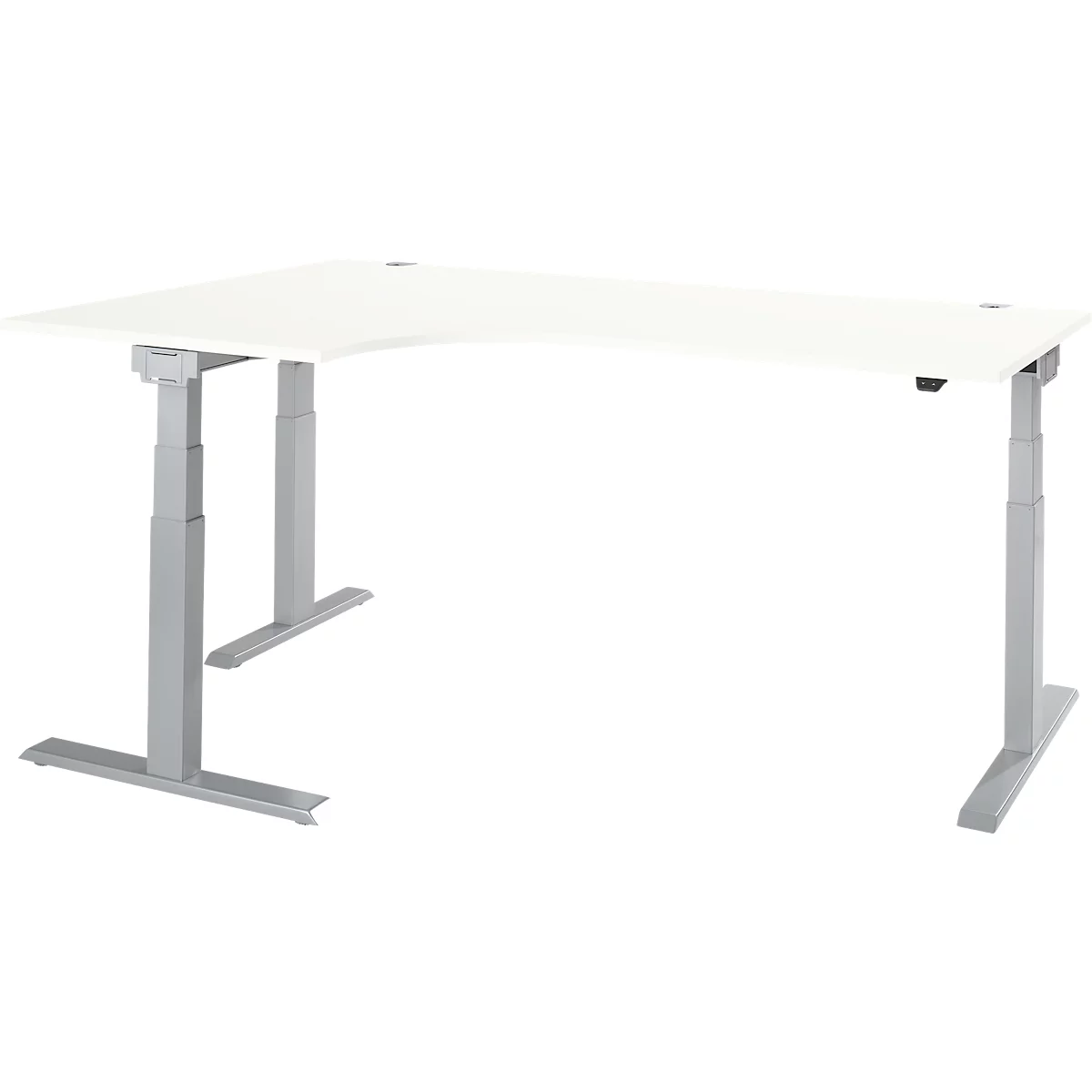 White, height-adjustable corner desk with grey legs, seen from above.