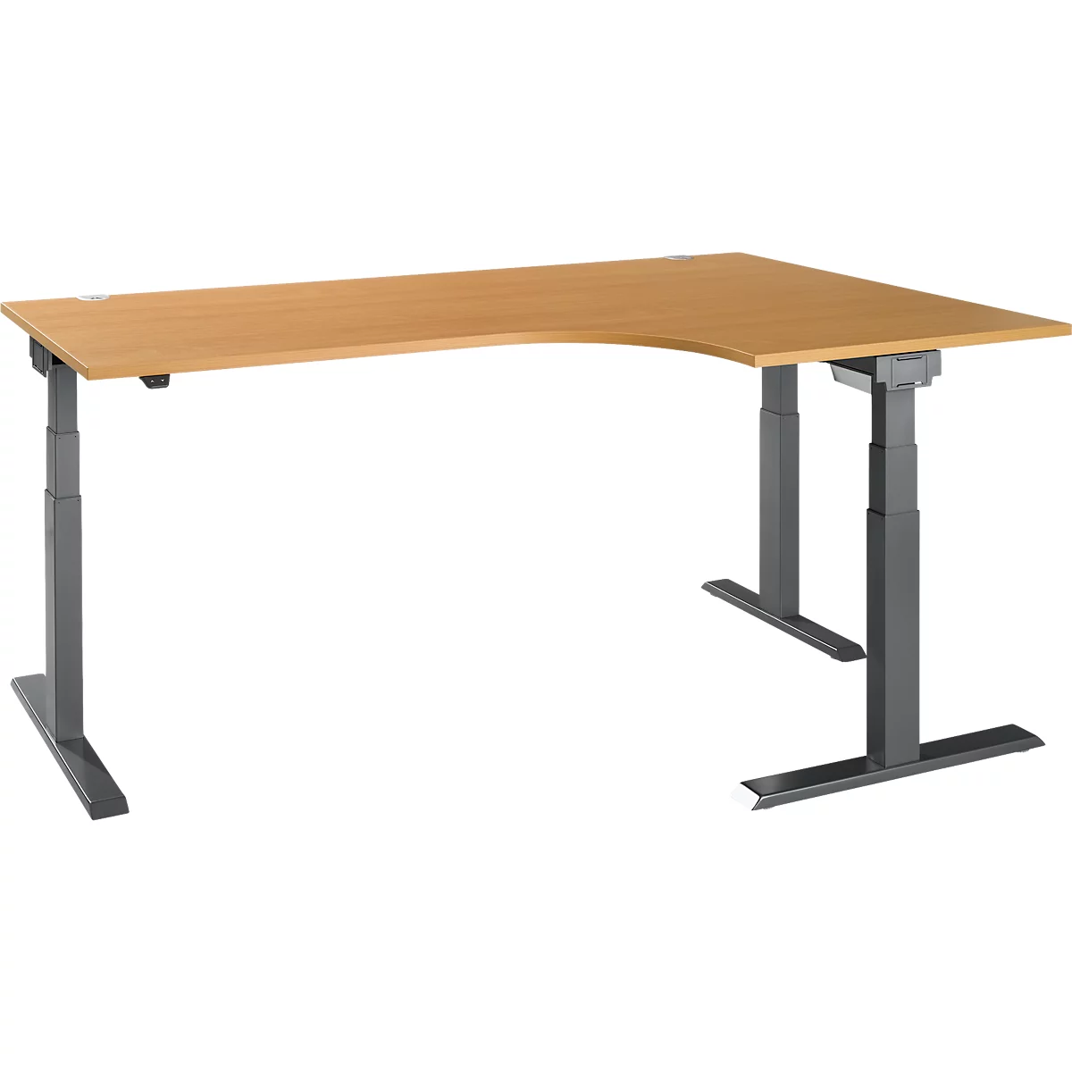Corner desk with light brown tabletop and gray, height-adjustable frame.