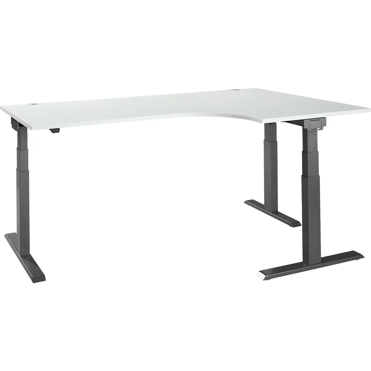 Corner desk, white, height adjustable, with gray metal legs.