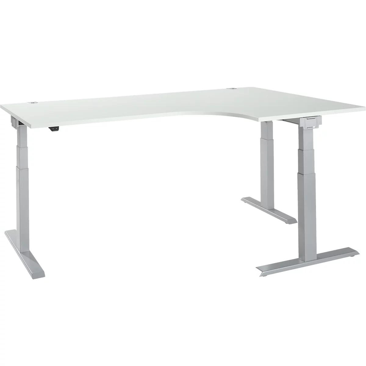 A white, L-shaped standing desk with silver, height-adjustable legs, set against a white background.