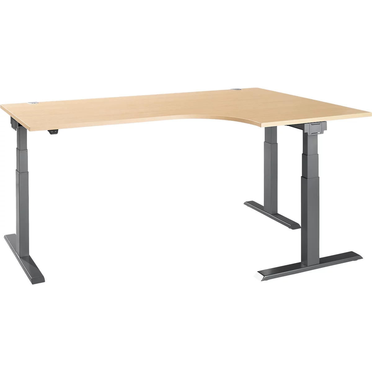 An ergonomic, height-adjustable corner desk with a light wood top and gray metal legs.